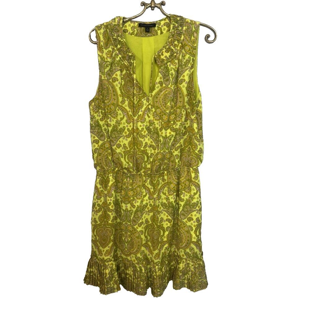 Banana Republic Womens Dress Sleeveless Paisley Pleated‎ Hem Neck Yellow Size L